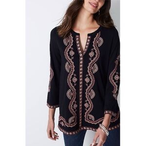 J.Jill Petite S Black Pink Embroidered Bell Sleeve Boho Tunic Top India